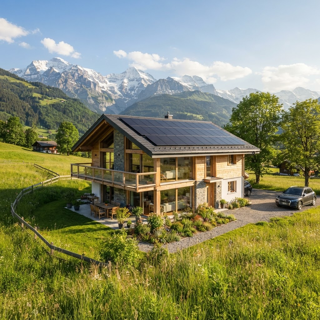 Solaranlage für ein Einfamilienhaus in der Ostschweiz vor Alpenpanorama